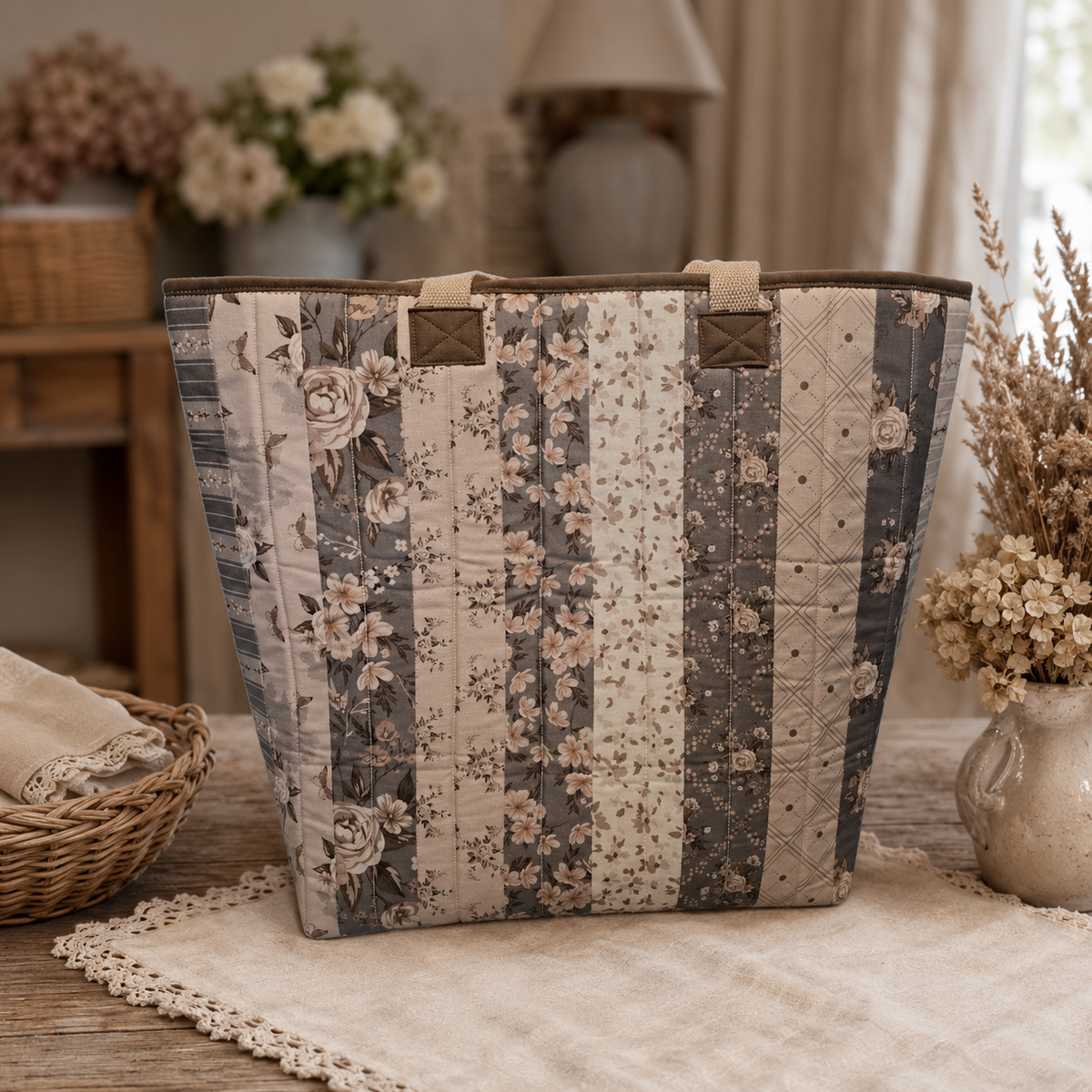 Brown & Pink Quilted Cotton Tote Bag - The Cottage Garden Collection