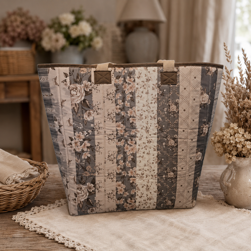 Brown & Pink Quilted Cotton Tote Bag - The Cottage Garden Collection