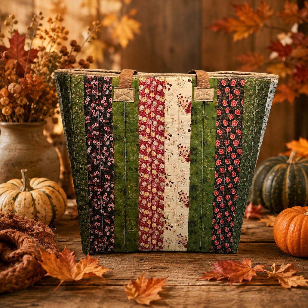 Green, Black & Red Quilted Cotton Tote Bag- Fall Harvest Collection