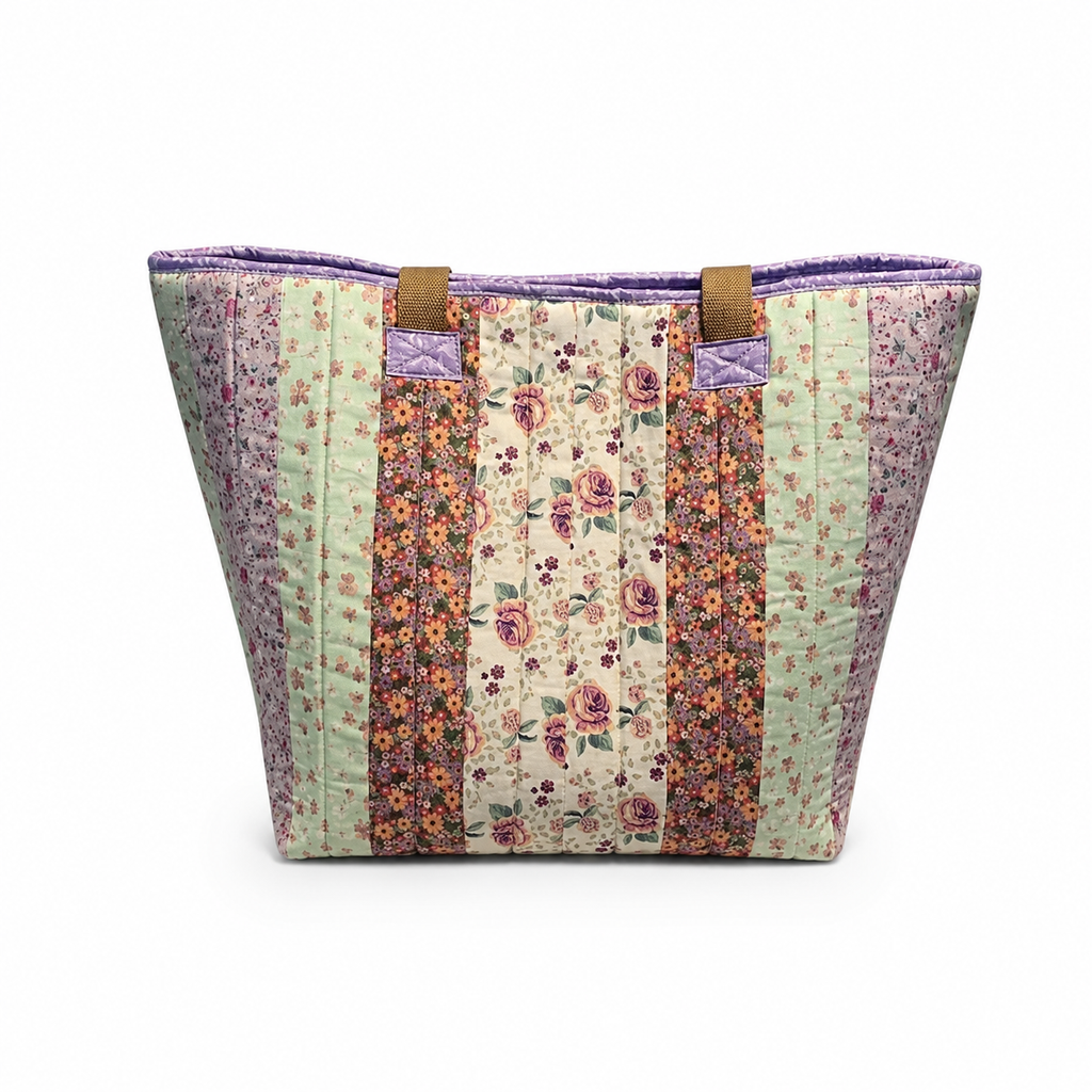 Purple & Green Quilted Cotton Tote Bag - The Cottage Garden Collection