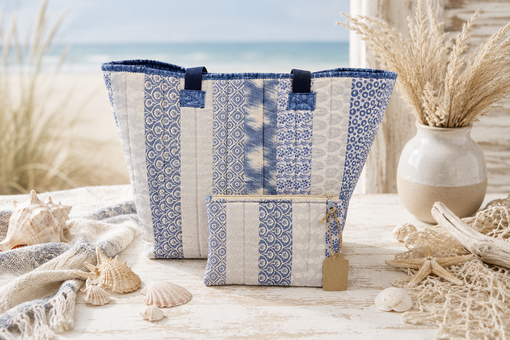 Blue & Gray Quilted Cotton Tote Bag - The Lake House Collection