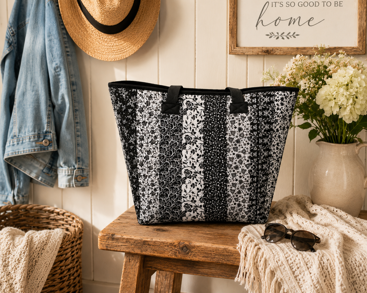 Black & White Quilted Cotton Tote Bag - Iron Lanterns Collection