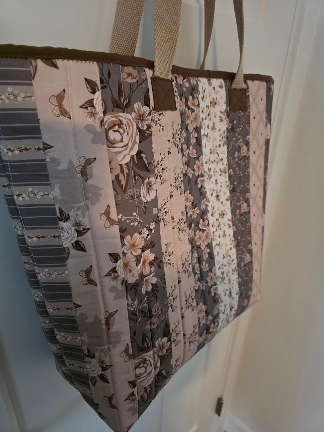 Brown & Pink Quilted Cotton Tote Bag - The Cottage Garden Collection