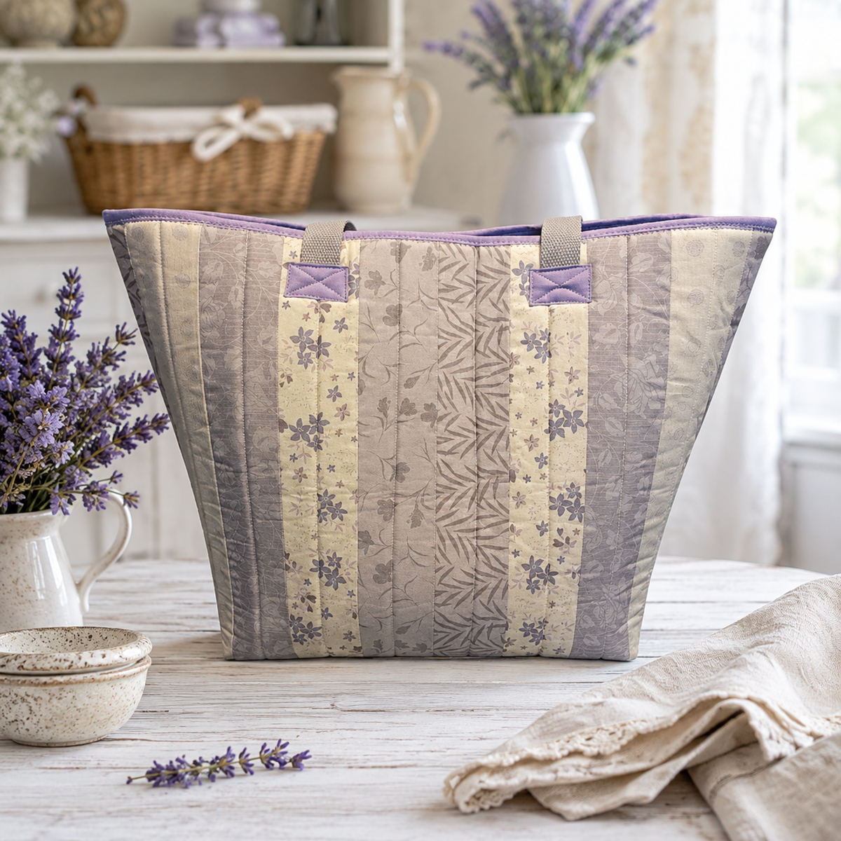 Yellow & Purple Quilted Cotton Tote Bag - Northern Wildflowers Collection