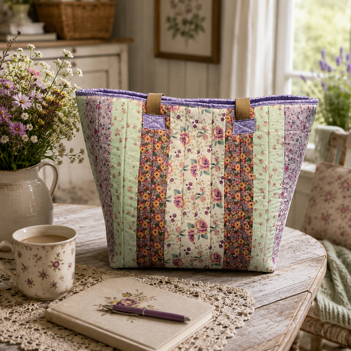 Purple & Green Quilted Cotton Tote Bag - The Cottage Garden Collection