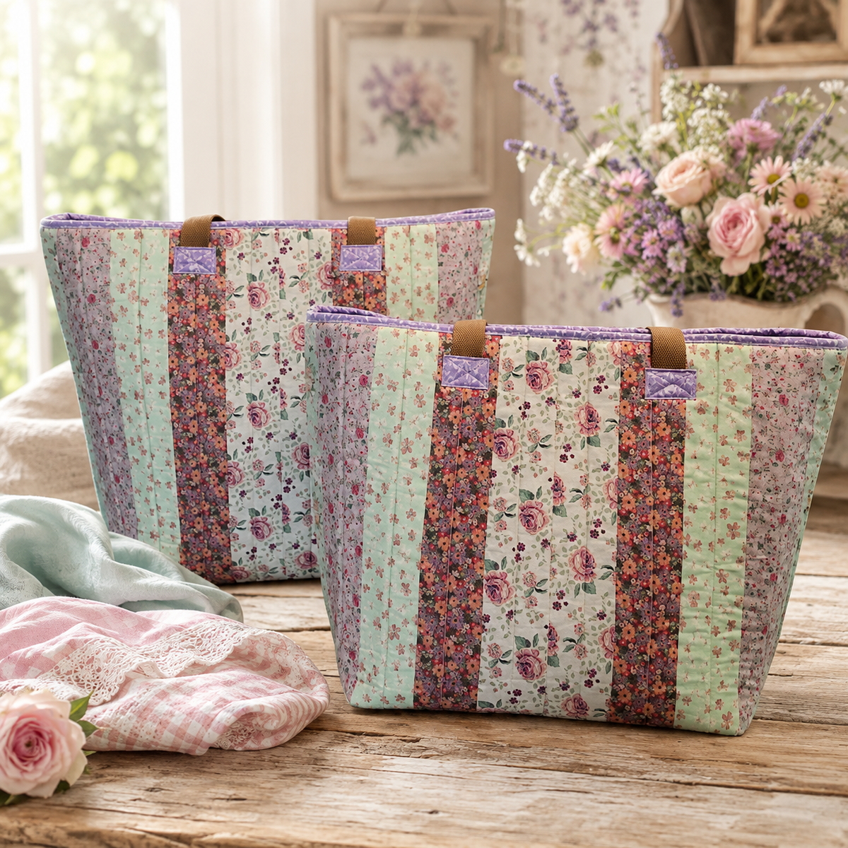 Purple & Green Quilted Cotton Tote Bag - The Cottage Garden Collection