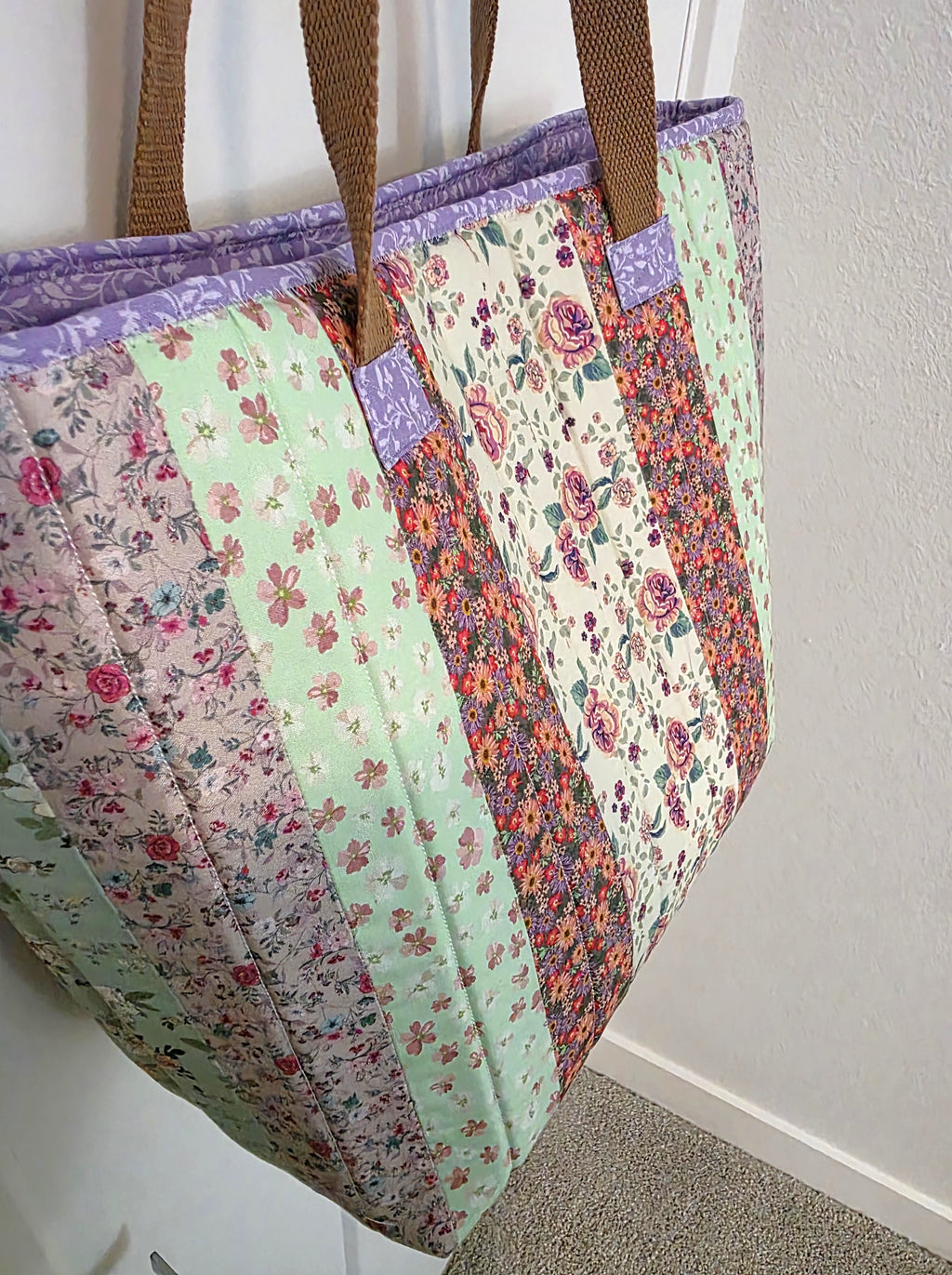 Purple & Green Quilted Cotton Tote Bag - The Cottage Garden Collection