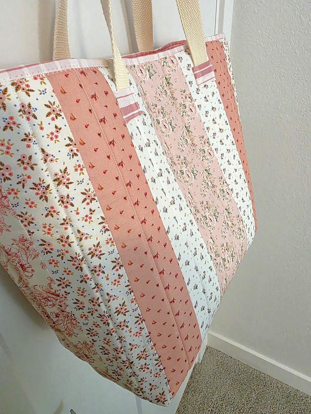 Pink & White Quilted Cotton Tote Bag - The Cottage Garden